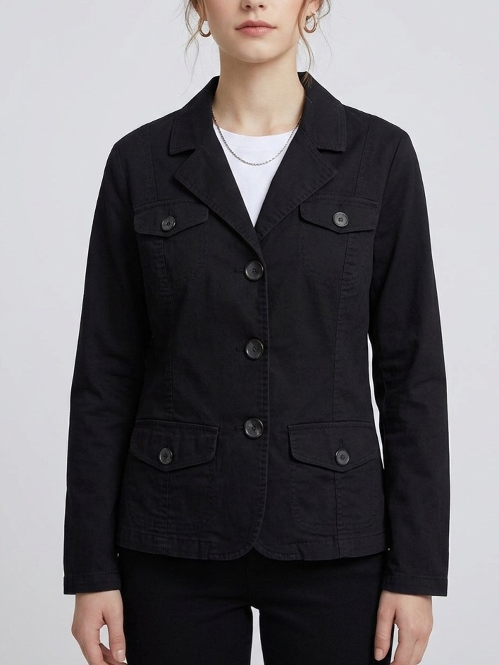 Lady Hathaway Black Cotton Button-Front Blazer Light Spring Jacket‎ Size Medium